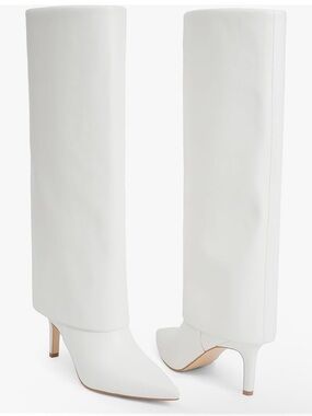 White Knee-High Pointed Toe Foldover Stiletto Heel Boots